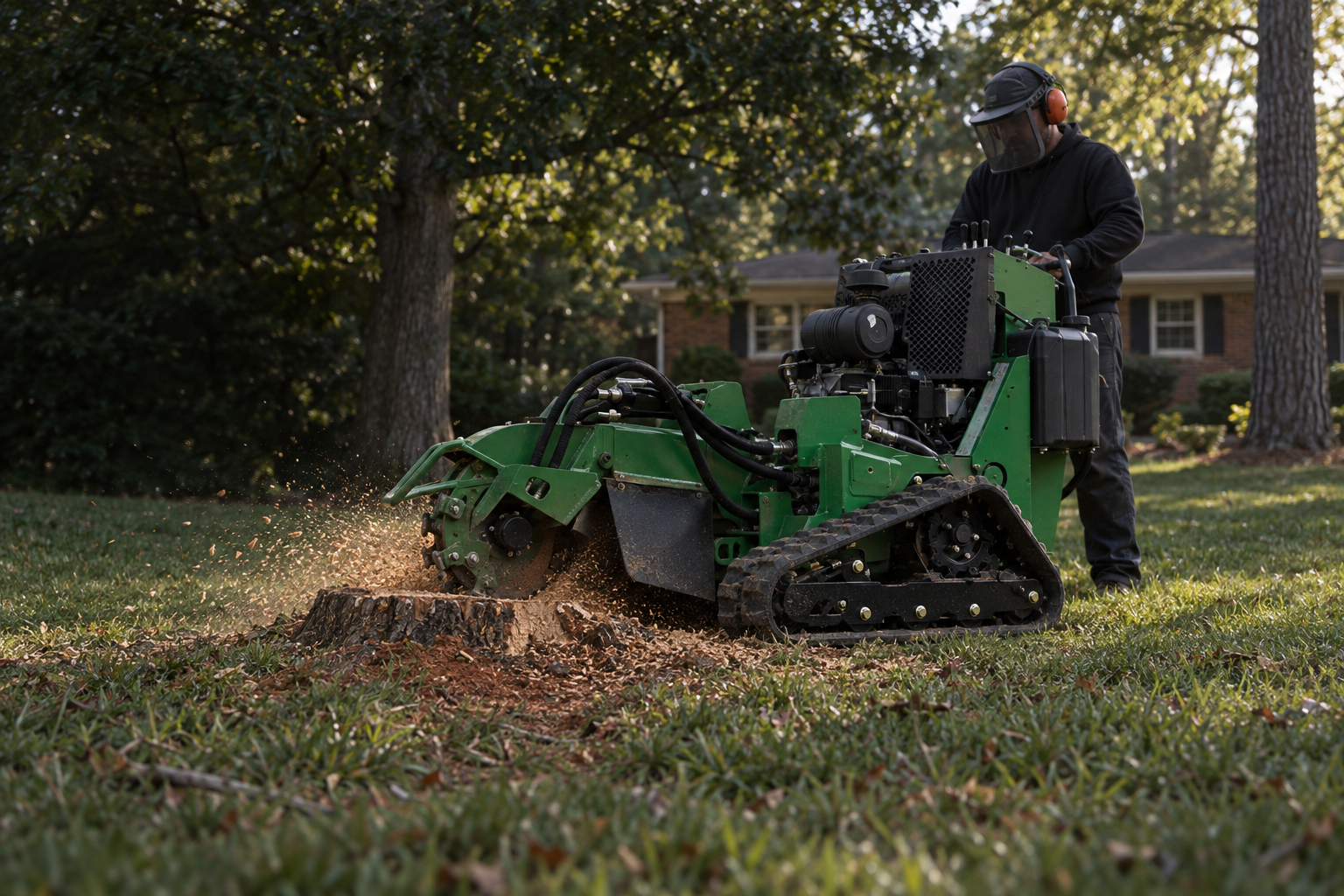 tracked stump grinding machine at work in a Lewisville yard